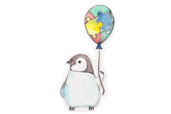 Watercolor Penguin with Autism Balloon for Awareness